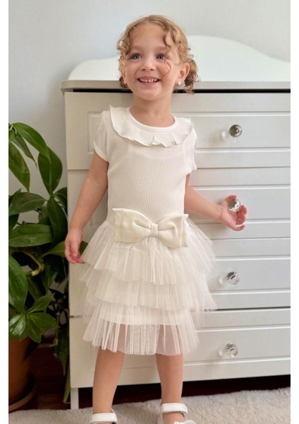 Kız Çocuk Elbise Fiyonklu Tüllü Omuzu Fırfırlı 1.5-5 Yaş, Ekru