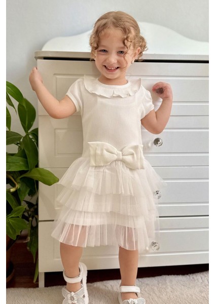 Kız Çocuk Elbise Fiyonklu Tüllü Omuzu Fırfırlı 1.5-5 Yaş, Ekru fiyatları