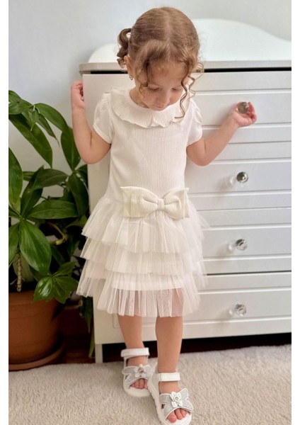 Kız Çocuk Elbise Fiyonklu Tüllü Omuzu Fırfırlı 1.5-5 Yaş, Ekru modelleri