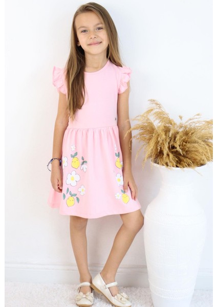 Kız Çocuk Elbise Etek Kısmı Limon & Çiçek Baskılı 2-6 Yaş, Pembe
