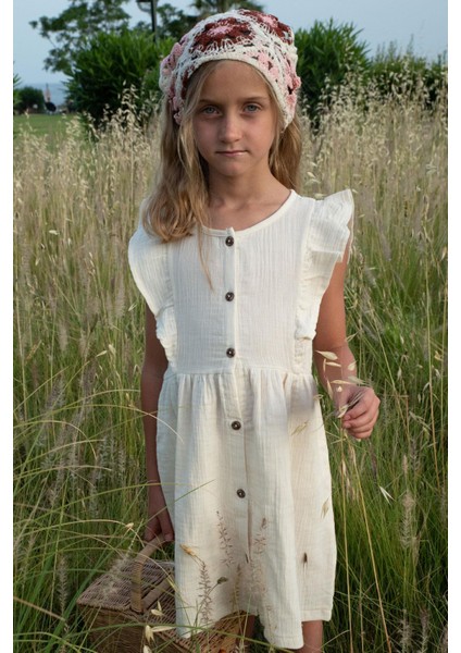 Kız Çocuk Elbise Düğmeli Fırfırlı 5-10 Yaş, Krem