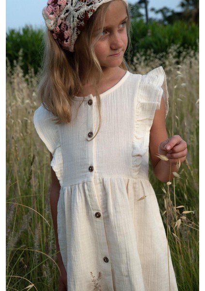 Kız Çocuk Elbise Düğmeli Fırfırlı 5-10 Yaş, Krem fırsatları