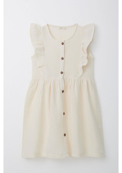 Kız Çocuk Elbise Düğmeli Fırfırlı 5-10 Yaş, Krem indirimleri