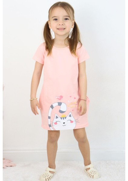 Kız Çocuk Tunik Elbise Dostluk Temalı Prenses Kedicik Baskılı 1.5-5 Yaş, Pudra