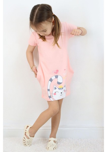 Kız Çocuk Tunik Elbise Dostluk Temalı Prenses Kedicik Baskılı 1.5-5 Yaş, Pudra fiyatları