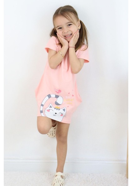 Kız Çocuk Tunik Elbise Dostluk Temalı Prenses Kedicik Baskılı 1.5-5 Yaş, Pudra modelleri