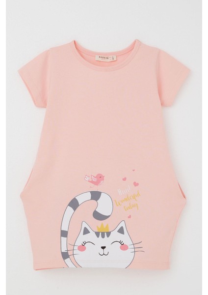 Kız Çocuk Tunik Elbise Dostluk Temalı Prenses Kedicik Baskılı 1.5-5 Yaş, Pudra indirimleri
