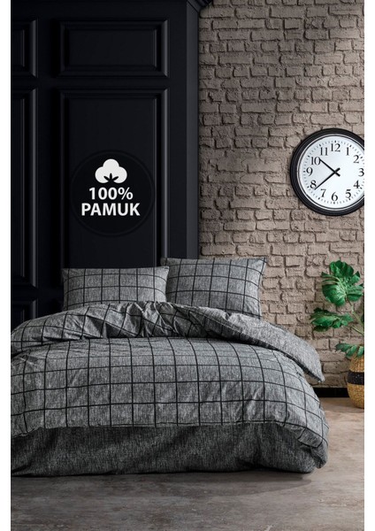 Elite Ranforce Çift Kişilik Lastikli Çarşaflı Nevresim Takımı Kare Siyah 1 Adet