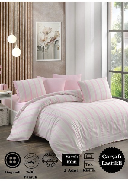 Elite Tek Kişilik Çarşaflı Lastikli Pamuklu Natural Kumaş Pembe 2 Yastıklı Nevresim Takımı 1 Adet