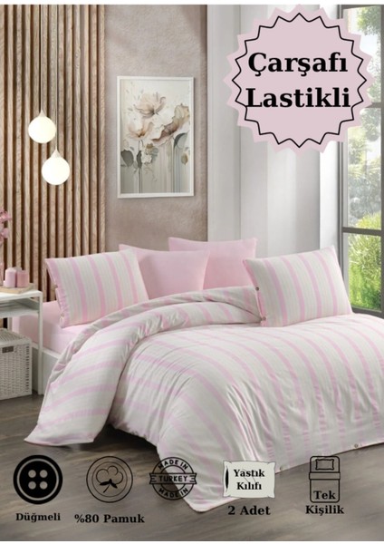Elite Tek Kişilik Çarşaflı Lastikli Pamuklu Natural Kumaş Pembe 2 Yastıklı Nevresim Takımı 1 Adet