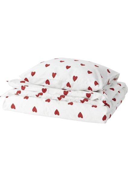 Elite Tek Kişilik Nevresim Takımı Kalpli Kırmızı-Beyaz 150X200/50X60 cm %100 Pamuk 1 Adet
