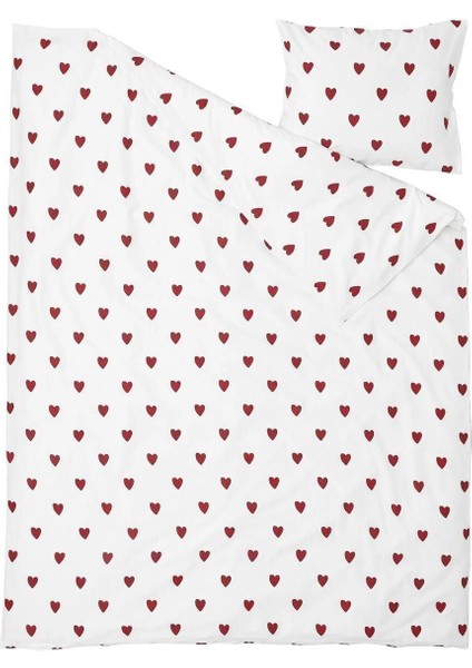 Elite Tek Kişilik Nevresim Takımı Kalpli Kırmızı-Beyaz 150X200/50X60 cm %100 Pamuk 1 Adet