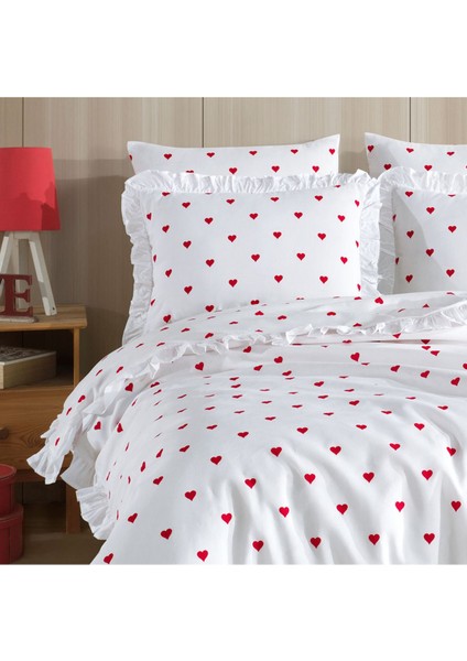 Elite Fırfırlı Kalpli Çift Kişilik Nevresim Takımı | 4 Yastık Kılıfı | Lastikli Çarşaflı | 200X220CM 1 Adet