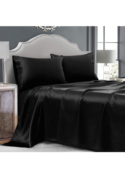 Elite %100 Ipek Saten 4 Parça Çift Kişilik Nevresim Takımı 200X220 cm Lastikli Çarşaf Siyah Renk 1 Adet