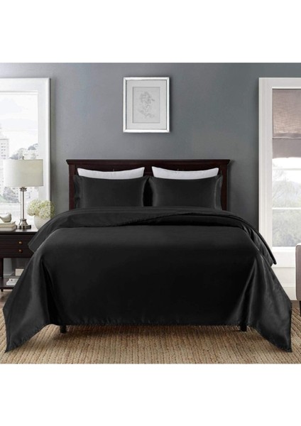 Elite %100 Ipek Saten 4 Parça Çift Kişilik Nevresim Takımı 200X220 cm Lastikli Çarşaf Siyah Renk 1 Adet fiyatları