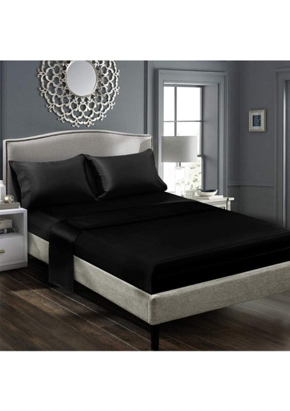 Elite %100 Ipek Saten 4 Parça Çift Kişilik Nevresim Takımı 200X220 cm Lastikli Çarşaf Siyah Renk 1 Adet modelleri