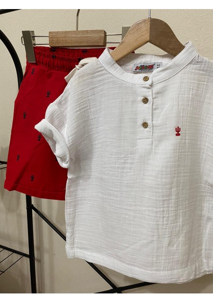 Kaktüs Nakışlı Müslin Hakim Yaka Gömlek Alt Ince Keten Kaktüs Baskılı Kırmızı Şort Erkek Çocuk Alt Üst Takım indirimleri