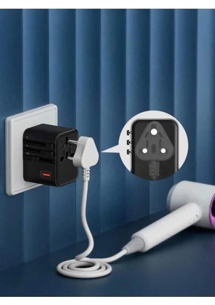 25W Evrensel Seyahat Adaptörü, Eu/us/uk/au Priz Dönüştürücü, 1x Usb, 2x Type-C Hızlı Şarj