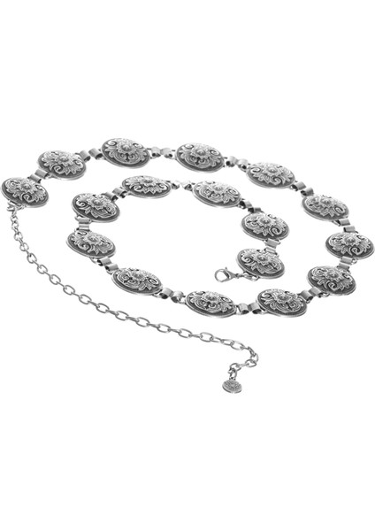 Kadın Antik Gümüş Kaplama Yuvarlak Formlu Çiçek Motifli Ayarlanabilir Bel Zinciri, Bel Kolyesi indirimleri