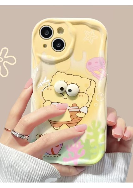 Iphone 12 Uyumlu Kılıf Sünger Desenli 3D Gözler Şık Darbelere Karşı Dayanıklı Yumuşak Silikon Kapak