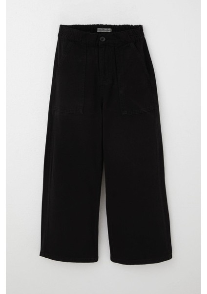 Kız Çocuk Gabardin Pantolon Geniş Paça Beli Lastikli 5-9 Yaş, Siyah
