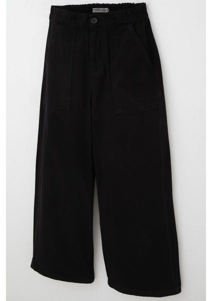 Kız Çocuk Gabardin Pantolon Geniş Paça Beli Lastikli 5-9 Yaş, Siyah