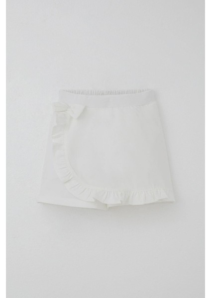 Kız Çocuk Şort Etek Fiyonk Aksesuarlı Fırfırlı 6-10 Yaş, Ekru