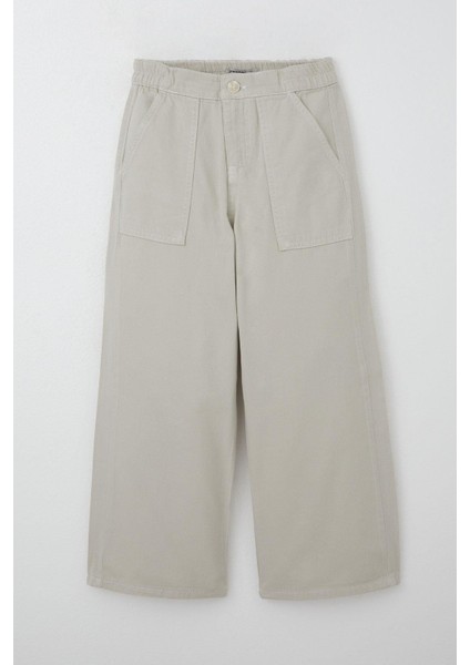 Kız Çocuk Gabardin Pantolon Geniş Paça Beli Lastikli 5-9 Yaş, Taş