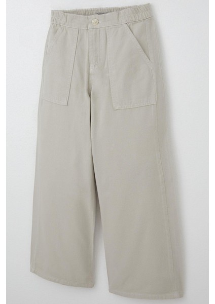 Kız Çocuk Gabardin Pantolon Geniş Paça Beli Lastikli 5-9 Yaş, Taş