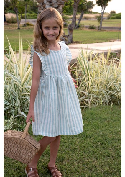 Kız Çocuk Elbise Arkası Düğme Detaylı Kol Kısmı Fırfırlı 3-8 Yaş, Ekru