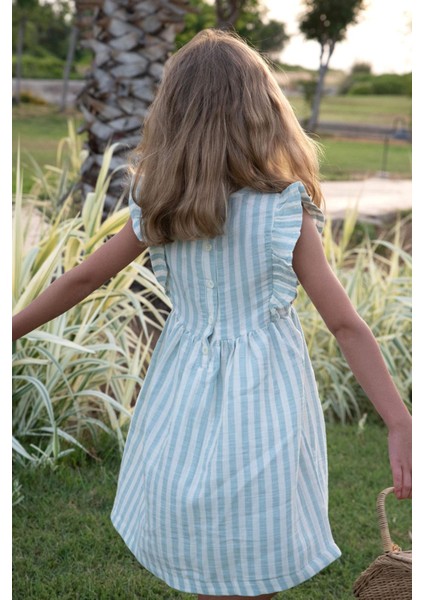 Kız Çocuk Elbise Arkası Düğme Detaylı Kol Kısmı Fırfırlı 3-8 Yaş, Ekru fiyatları