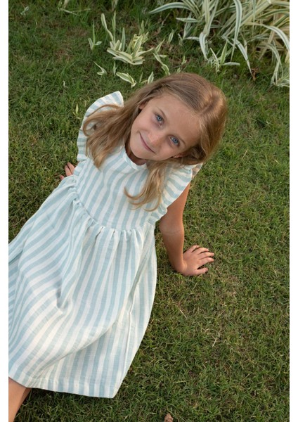 Kız Çocuk Elbise Arkası Düğme Detaylı Kol Kısmı Fırfırlı 3-8 Yaş, Ekru fırsatları