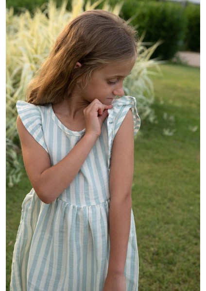 Kız Çocuk Elbise Arkası Düğme Detaylı Kol Kısmı Fırfırlı 3-8 Yaş, Ekru indirimleri