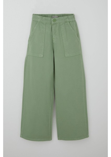 Kız Çocuk Gabardin Pantolon Geniş Paça Beli Lastikli 10-14 Yaş, Mint Yeşili
