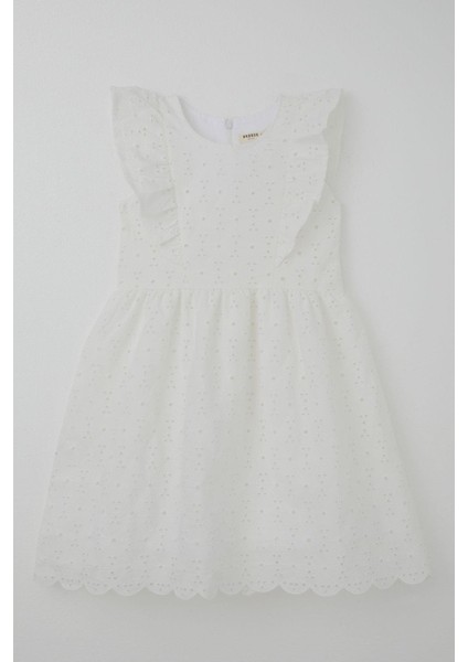 Kız Çocuk Elbise Çiçek Nakışlı Güpürlü Fırfır Detaylı Arkası Fermuarlı 7-12 Yaş, Ekru