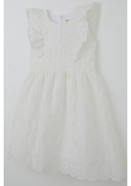 Kız Çocuk Elbise Çiçek Nakışlı Güpürlü Fırfır Detaylı Arkası Fermuarlı 7-12 Yaş, Ekru modelleri