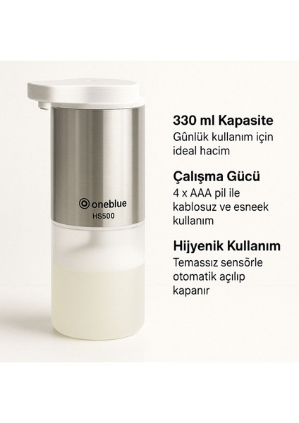 Elite HS500 Sensörlü Sıvı Sabunluk – 330 Ml, Köpük ve Sıvı Sabun Uyumlu, Paslanmaz, 1 Adet