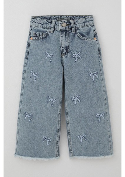 Kız Çocuk Jean Pantolon Fiyonk Nakışlı Paça Kısmı Püskül Detaylı 3-7 Yaş, Açık Mavi fırsatları
