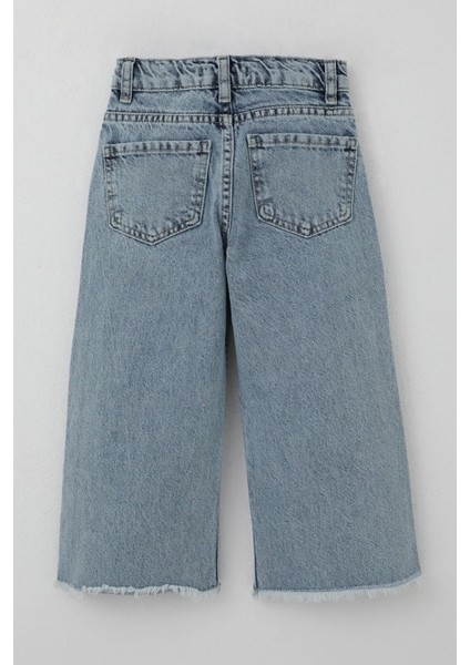 Kız Çocuk Jean Pantolon Fiyonk Nakışlı Paça Kısmı Püskül Detaylı 3-7 Yaş, Açık Mavi indirimleri