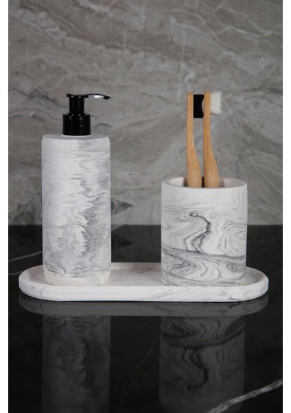 Elite 3 Parça Mermer Desenli Beton Banyo Seti Sıvı Sabunluk Diş Fırçalık Sunum Tepsisi 1 Adet