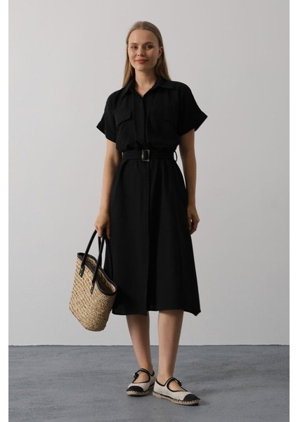 Kuşaklı Cep Detaylı Yarım Kol Elbise - Siyah fiyatları