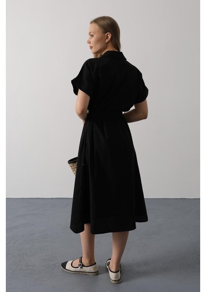 Kuşaklı Cep Detaylı Yarım Kol Elbise - Siyah modelleri