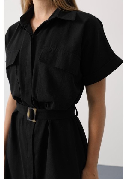 Kuşaklı Cep Detaylı Yarım Kol Elbise - Siyah fırsatları