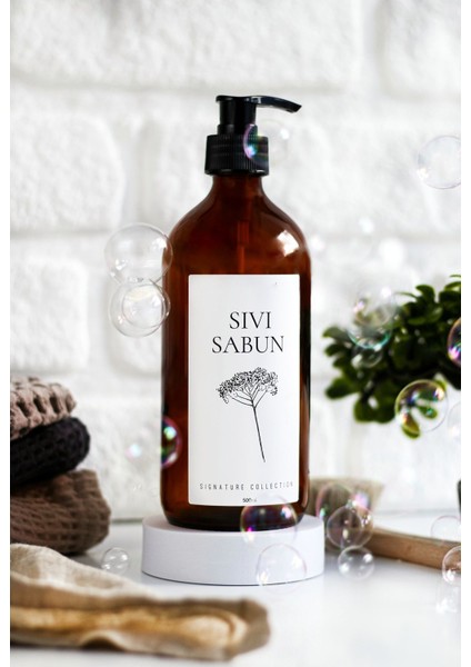 Elite Sıvı Sabunluk Beyaz Çiçek Etiketli 500 ml Amber Cam Sabunluk 1 Adet
