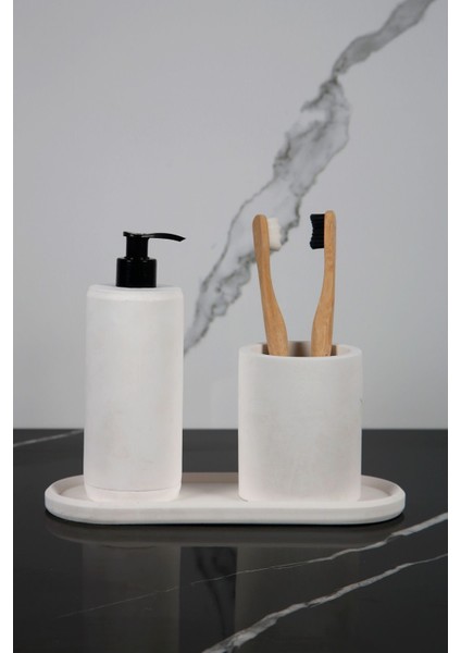 Elite 3 Parça Mermer Desenli Beton Banyo Seti Sıvı Sabunluk Diş Fırçalık Sunum Tepsisi 1 Adet