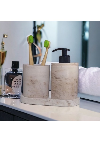 Elite 3'lü Bej Mermer Serisi Banyo Seti, Sıvı Sabunluk Diş Fırçalığı Beton Aksesuar Takımı 1 Adet modelleri