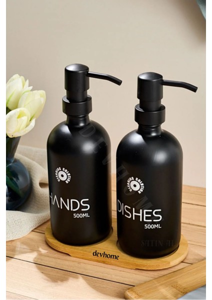 Elite Siyah Cam Ikili Sıvı Sabunluk Seti Dish & Hand Soap Yazılı Bambu Standlı Mutfak Banyo Şampuanlık 1 Adet