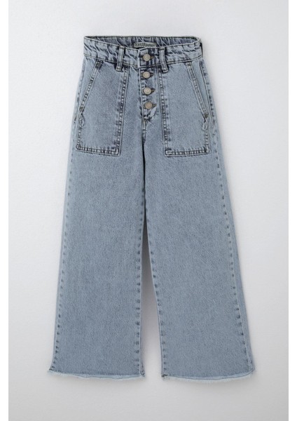 Kız Çocuk Jean Pantolon Geniş Paça Düğmeli Paçası Püskül Detaylı 10-14 Yaş, Açık Mavi