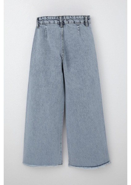 Kız Çocuk Jean Pantolon Geniş Paça Düğmeli Paçası Püskül Detaylı 10-14 Yaş, Açık Mavi fiyatları
