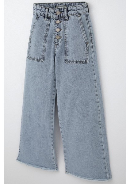 Kız Çocuk Jean Pantolon Geniş Paça Düğmeli Paçası Püskül Detaylı 10-14 Yaş, Açık Mavi modelleri